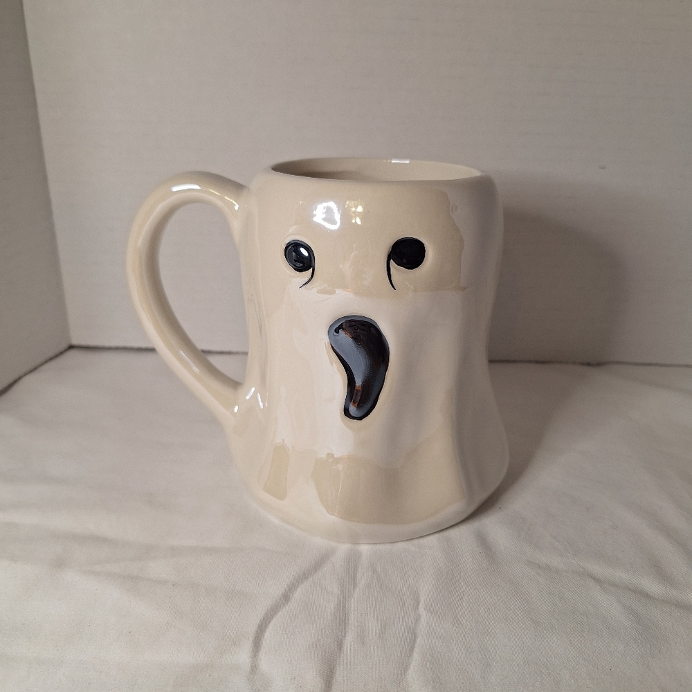 Halloween White Pearlized Ghost Mug Scary Face Ghost  Coffee Tea 24 Oz